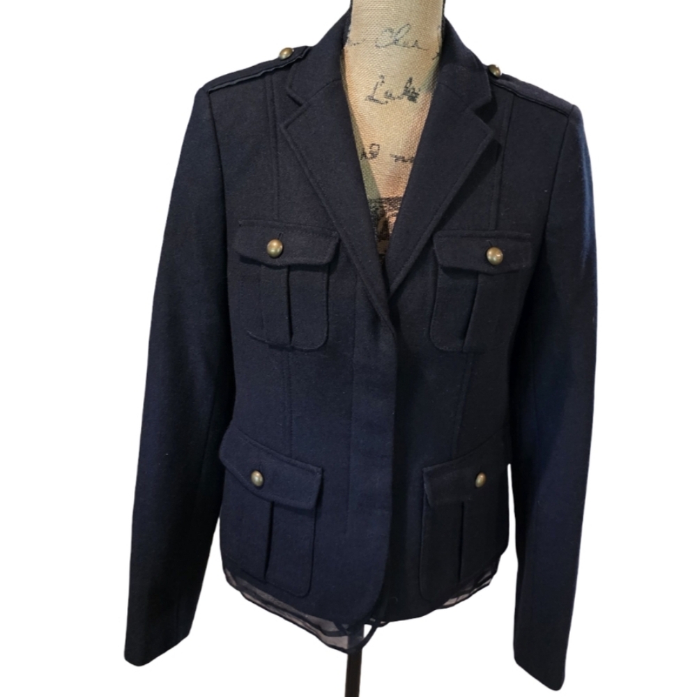 Loft Navy Wool Blend Military Utility Blazer Feminine Career Jacket‎ Academia